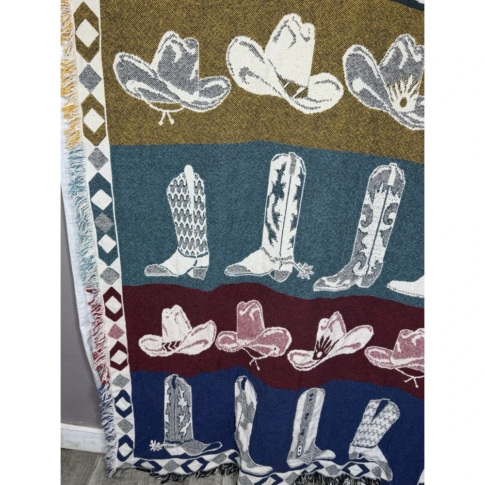 Vintage Western Cowboy Boots Tapestry Afghan Fringe Throw Cowgirl Ranch Decor
